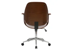 Chaise de bureau à roulettes design en tissu effet velours texturé beige, bois foncé et acier chromé YORKE