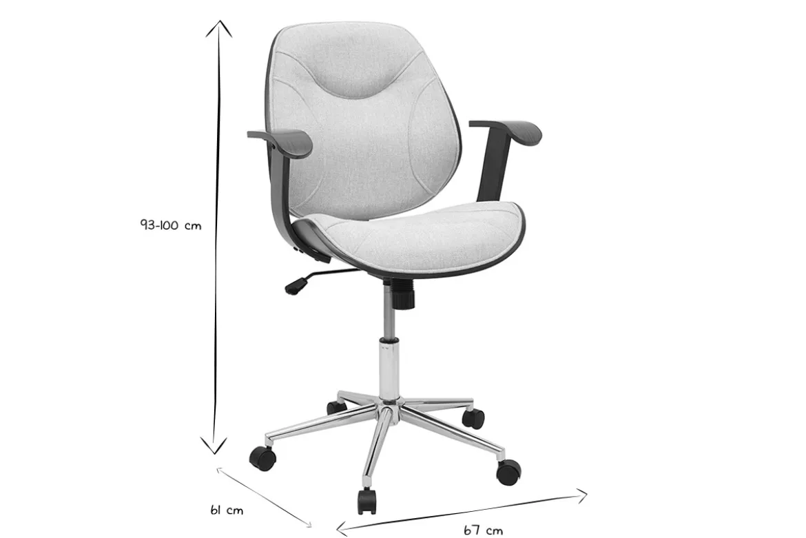 Chaise de bureau à roulettes design en tissu effet velours texturé beige, bois foncé et acier chromé YORKE