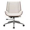 Chaise de bureau à roulettes design en tissu effet velours texturé beige, bois foncé et acier chromé CURVED