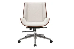 Chaise de bureau à roulettes design en tissu effet velours texturé beige, bois foncé et acier chromé CURVED