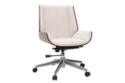 Chaise de bureau à roulettes design en tissu effet velours texturé beige, bois foncé et acier chromé CURVED