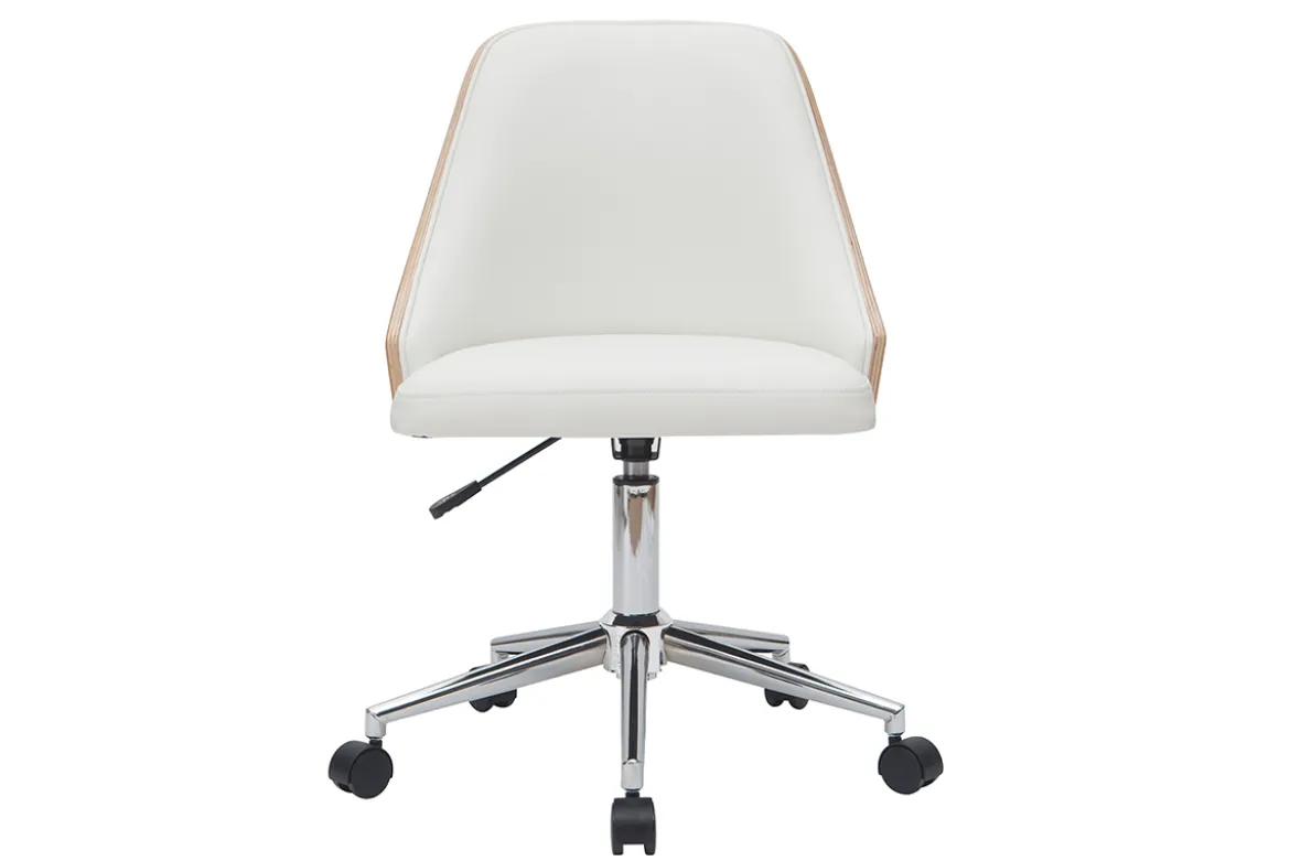 Chaise de bureau à roulettes design blanc, bois clair et acier chromé QUINO