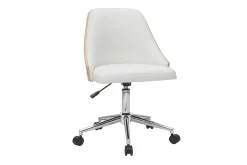 Chaise de bureau à roulettes design blanc, bois clair et acier chromé QUINO