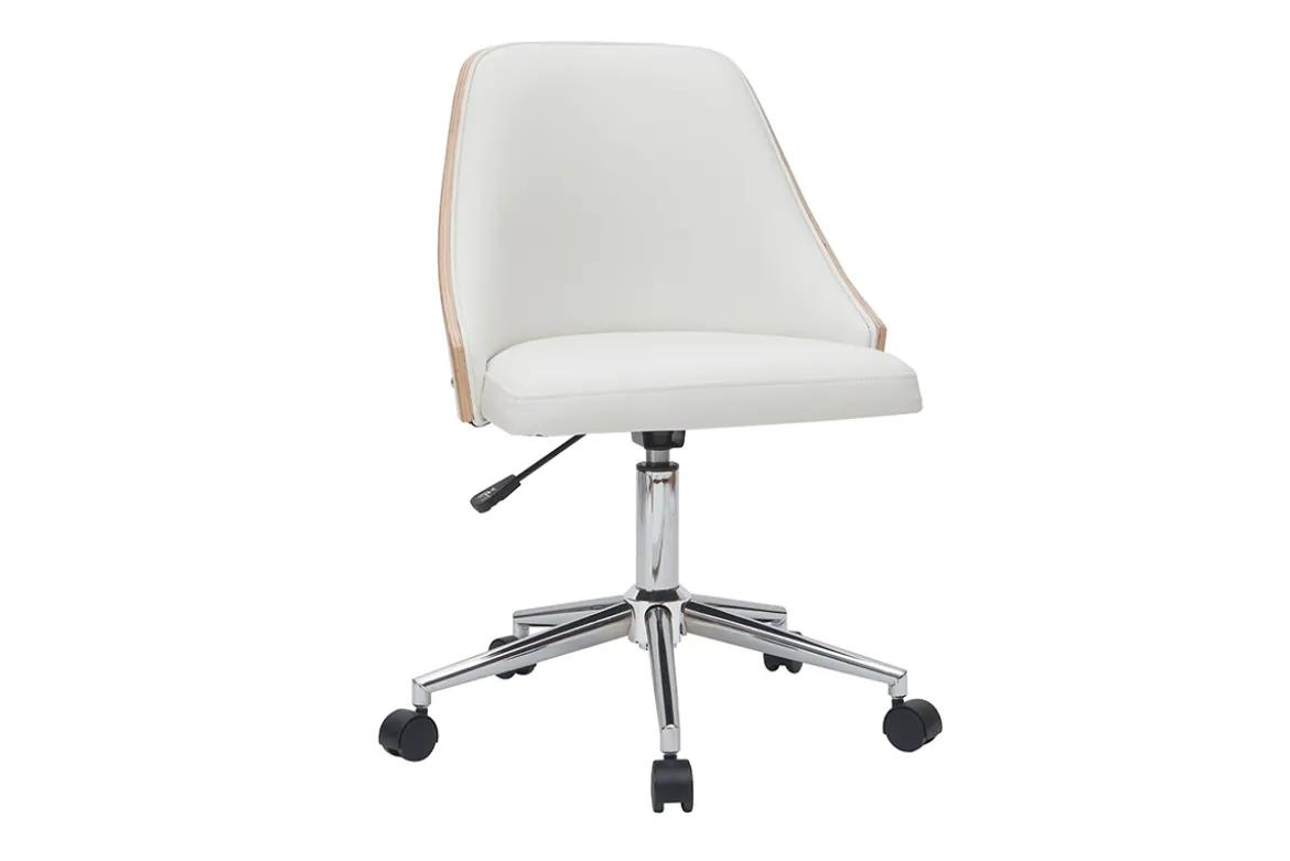 Chaise de bureau à roulettes design blanc, bois clair et acier chromé QUINO