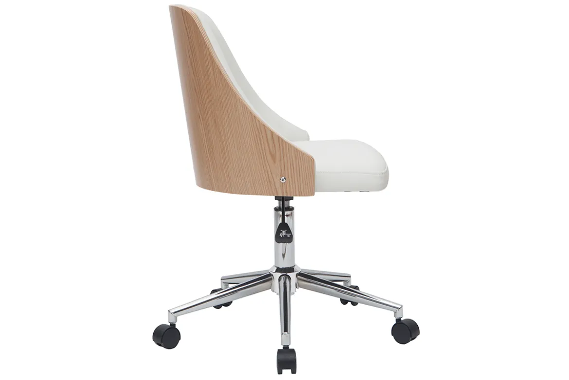 Chaise de bureau à roulettes design blanc, bois clair et acier chromé QUINO
