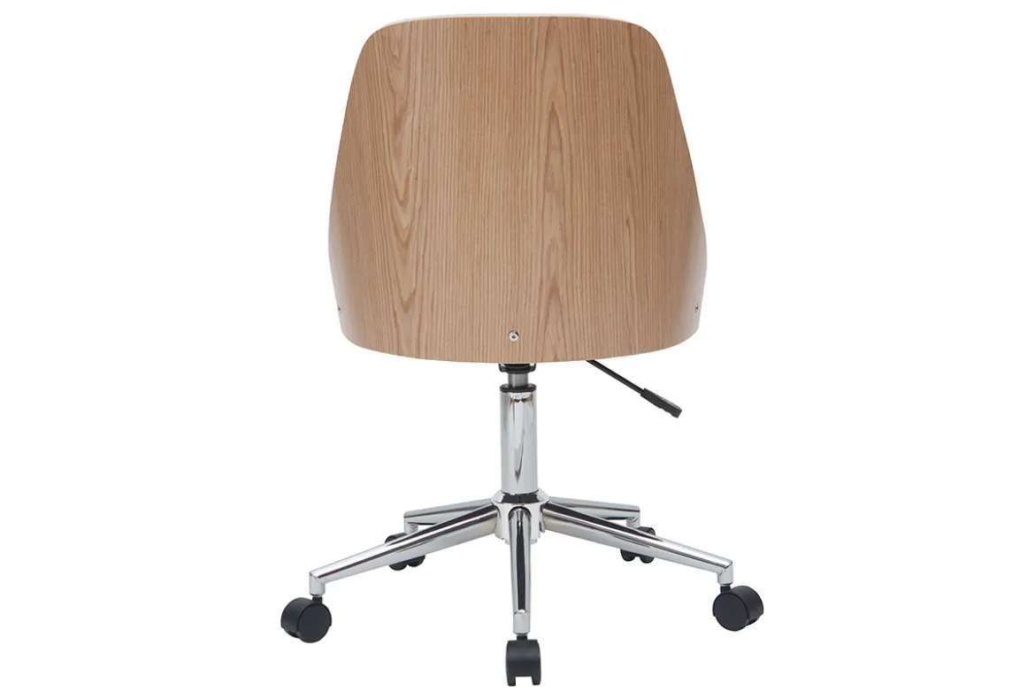 Chaise de bureau à roulettes design blanc, bois clair et acier chromé QUINO