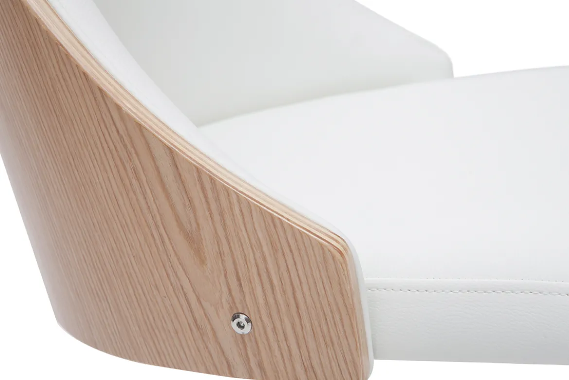 Chaise de bureau à roulettes design blanc, bois clair et acier chromé QUINO