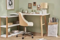 Chaise de bureau à roulettes design blanc, bois clair et acier chromé QUINO