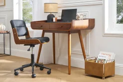 Chaise de bureau à roulettes design noir, bois foncé noyer et métal noir ARAMON
