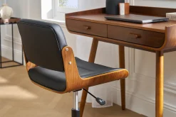 Chaise de bureau à roulettes design noir, bois foncé noyer et métal noir ARAMON
