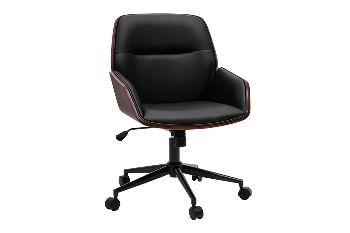 Chaise de bureau à roulettes design noir, bois foncé et métal noir MARLOW