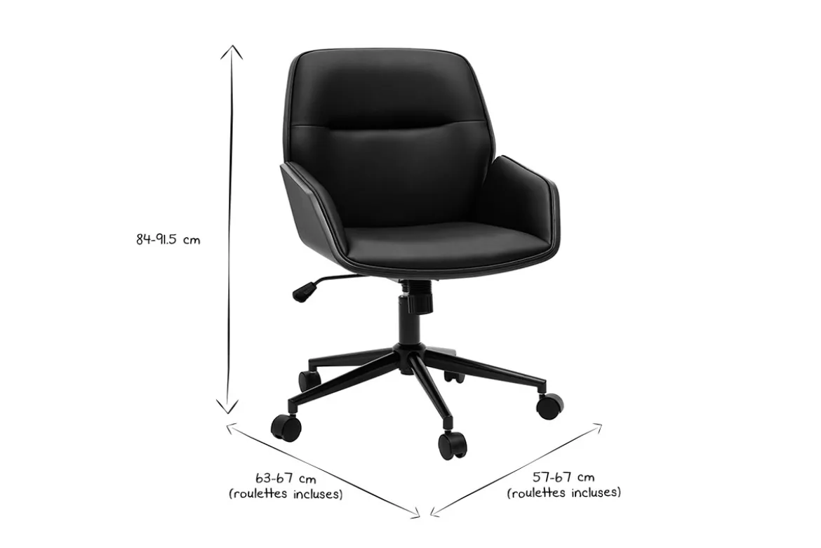 Chaise de bureau à roulettes design noir, bois foncé et métal noir MARLOW