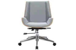 Chaise de bureau à roulettes design en tissu gris clair, bois clair et acier chromé CURVED