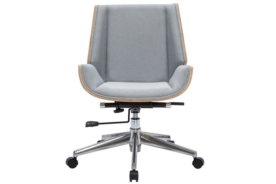 Chaise de bureau à roulettes design en tissu gris clair, bois clair et acier chromé CURVED