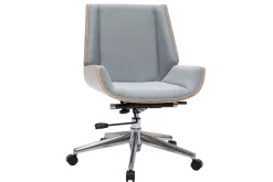 Chaise de bureau à roulettes design en tissu gris clair, bois clair et acier chromé CURVED