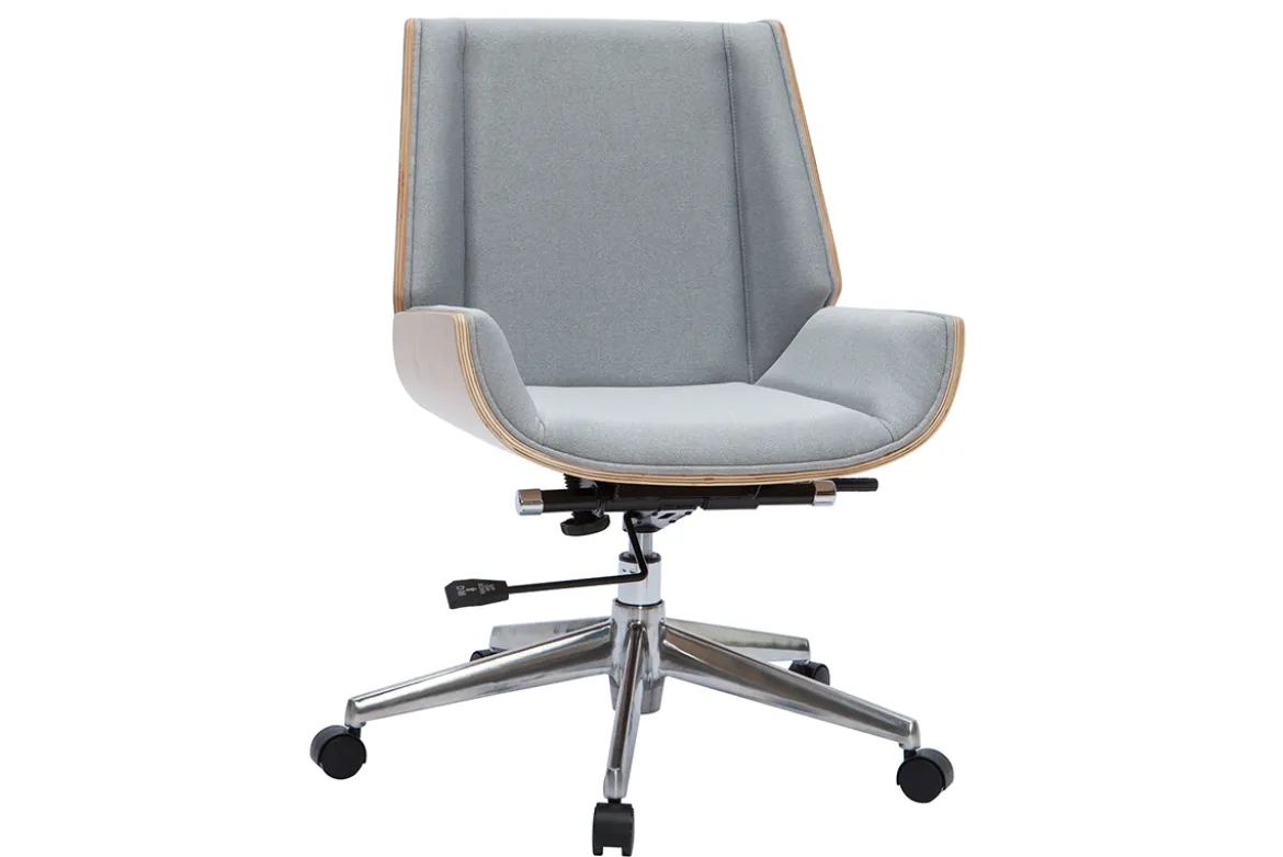 Chaise de bureau à roulettes design en tissu gris clair, bois clair et acier chromé CURVED