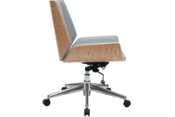 Chaise de bureau à roulettes design en tissu gris clair, bois clair et acier chromé CURVED