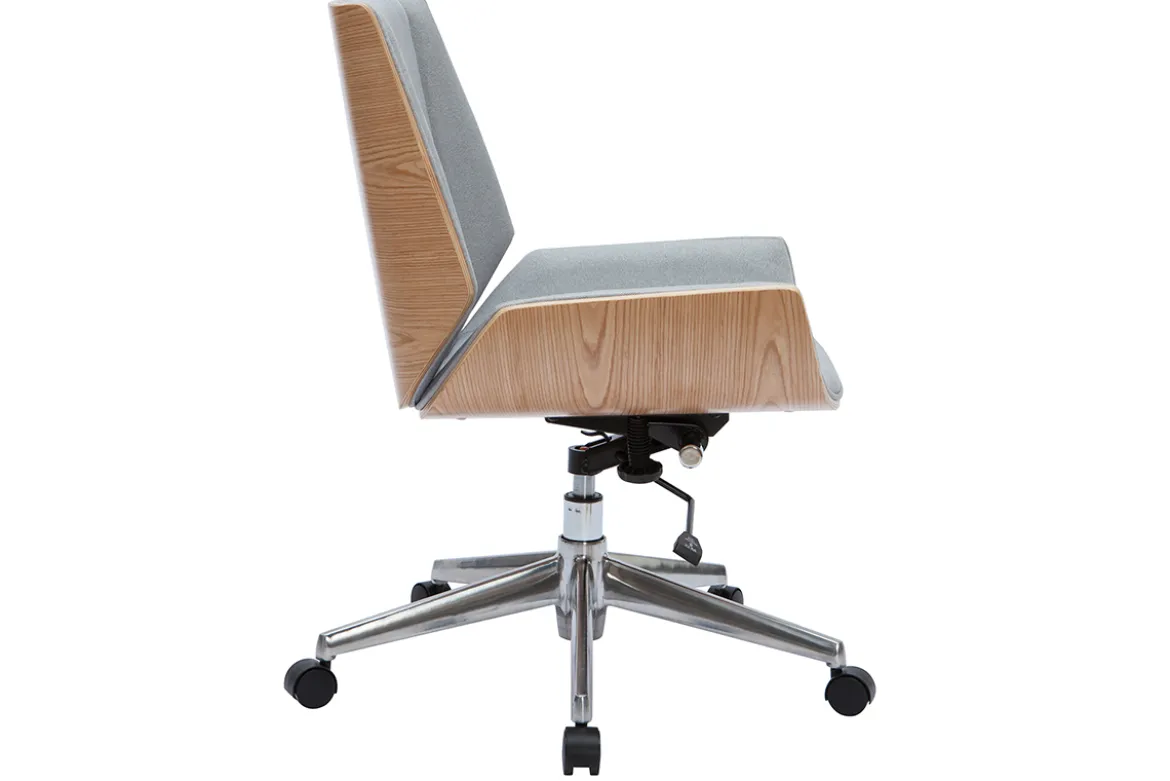 Chaise de bureau à roulettes design en tissu gris clair, bois clair et acier chromé CURVED