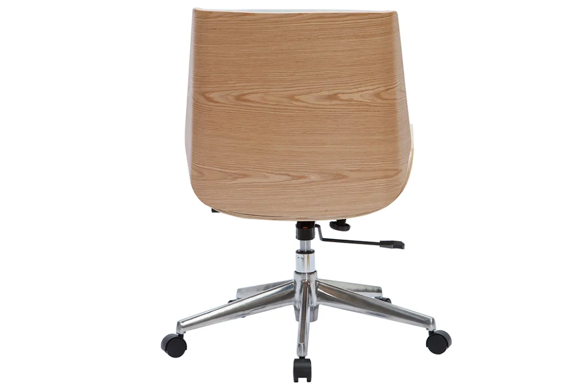 Chaise de bureau à roulettes design en tissu gris clair, bois clair et acier chromé CURVED