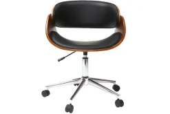 Chaise de bureau à roulettes design noir, bois foncé noyer et acier chromé BENT
