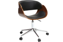 Chaise de bureau à roulettes design noir, bois foncé noyer et acier chromé BENT