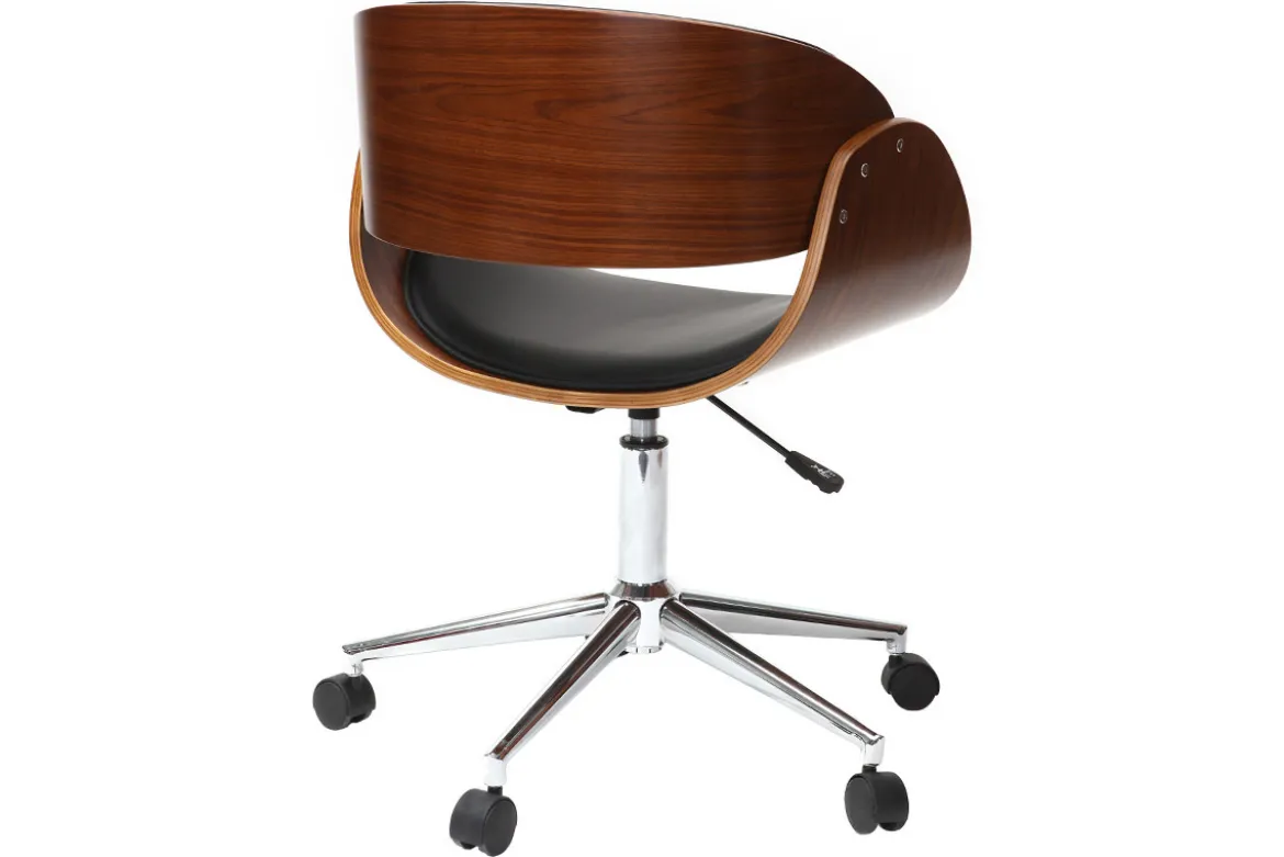 Chaise de bureau à roulettes design noir, bois foncé noyer et acier chromé BENT