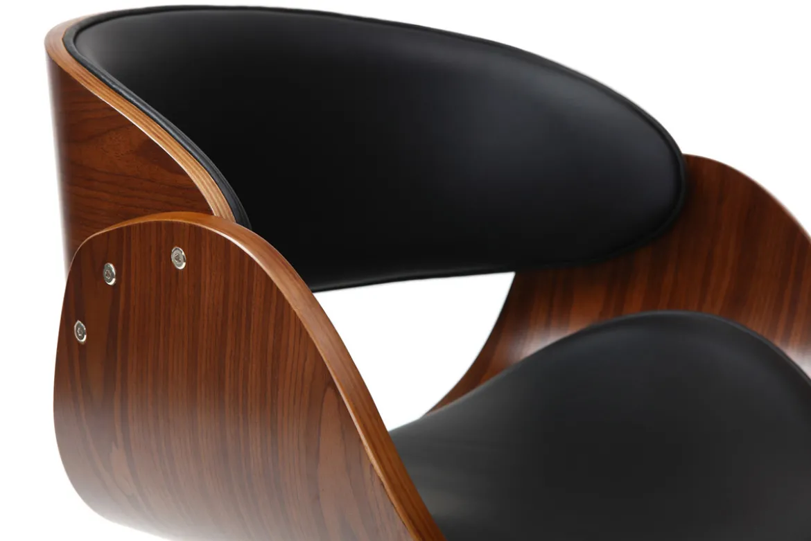 Chaise de bureau à roulettes design noir, bois foncé noyer et acier chromé BENT