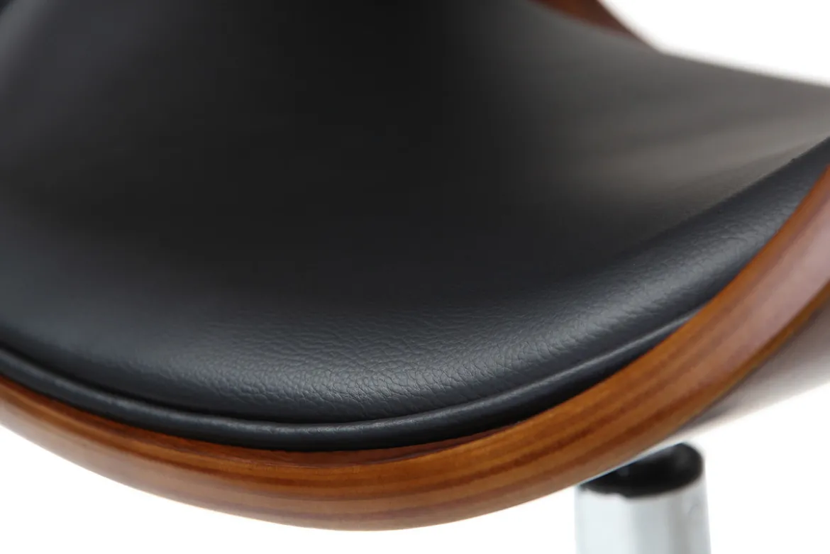 Chaise de bureau à roulettes design noir, bois foncé noyer et acier chromé BENT