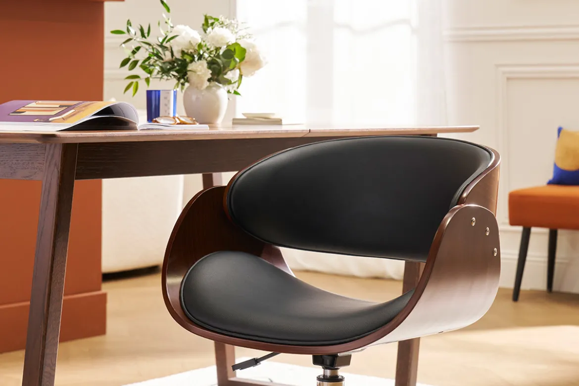 Chaise de bureau à roulettes design noir, bois foncé noyer et acier chromé BENT