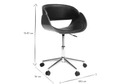 Chaise de bureau à roulettes design noir, bois foncé noyer et acier chromé BENT
