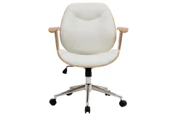 Chaise de bureau à roulettes design blanc, bois clair et acier chromé YORKE
