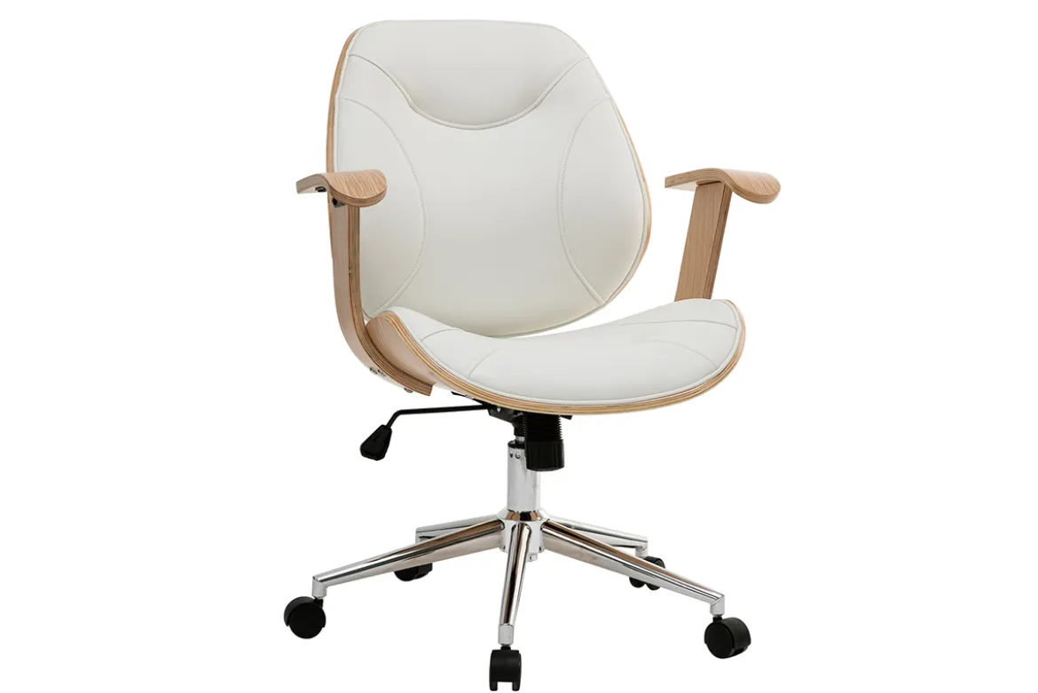 Chaise de bureau à roulettes design blanc, bois clair et acier chromé YORKE