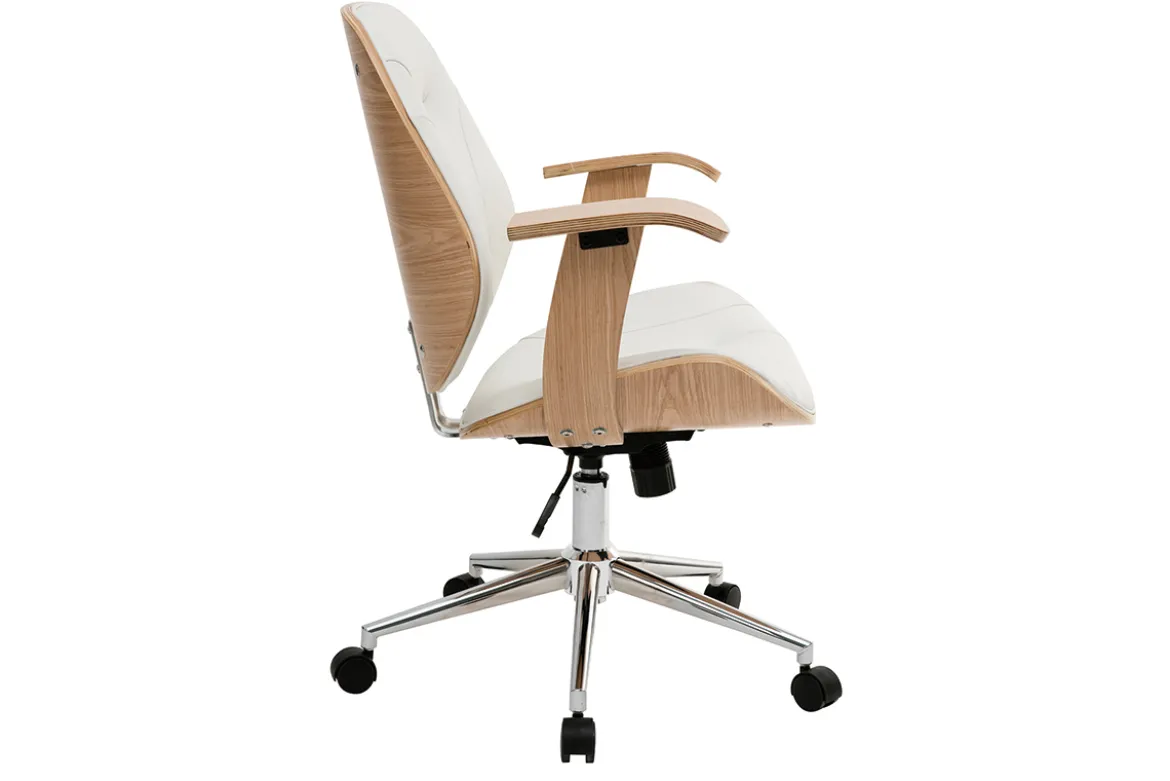 Chaise de bureau à roulettes design blanc, bois clair et acier chromé YORKE