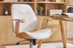 Chaise de bureau à roulettes design blanc, bois clair et acier chromé YORKE