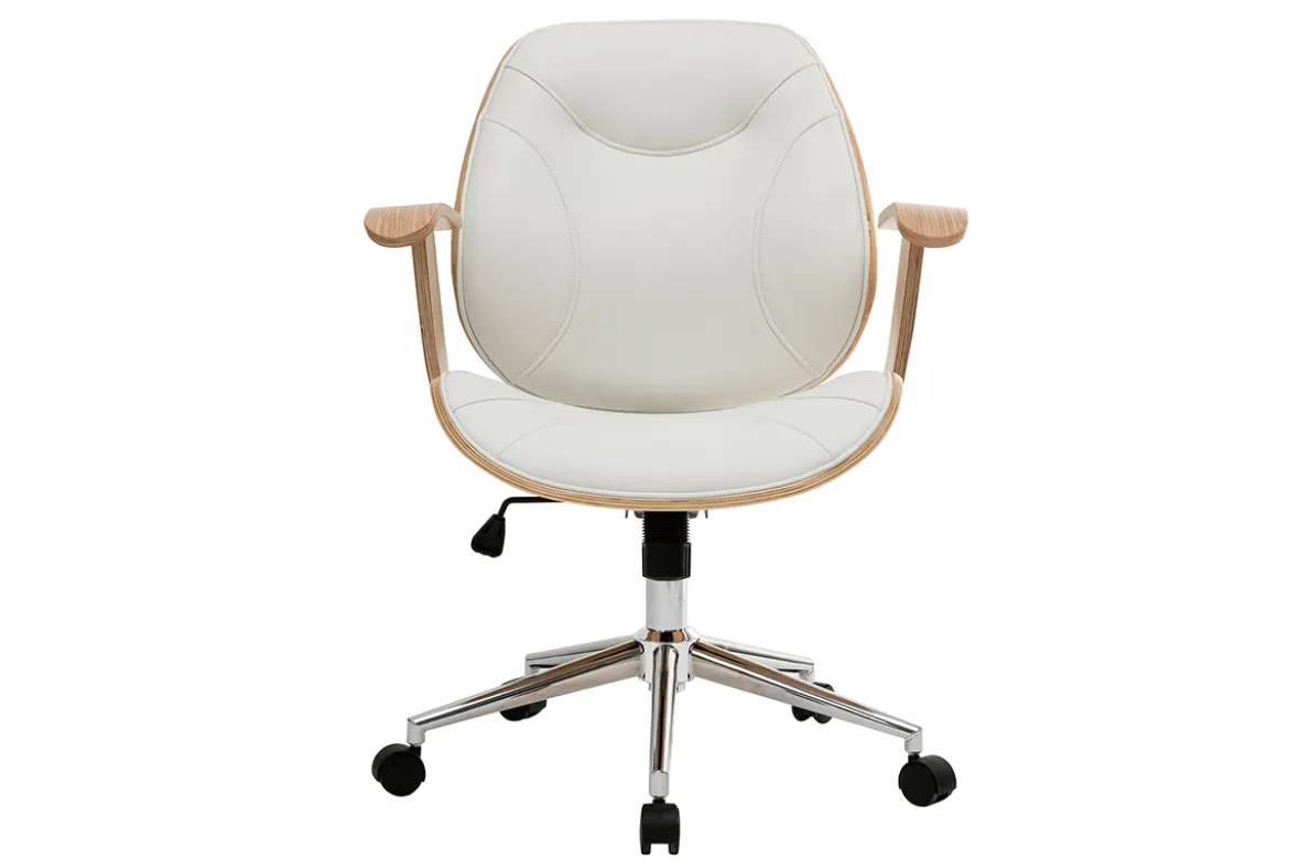 Chaise de bureau à roulettes design blanc, bois clair et acier chromé YORKE