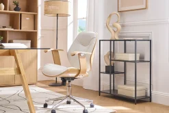 Chaise de bureau à roulettes design blanc, bois clair et acier chromé YORKE