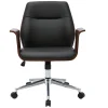 Chaise de bureau à roulettes design noir, bois foncé noyer et acier chromé RUFIN