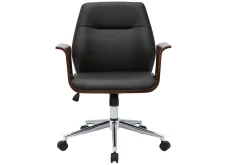 Chaise de bureau à roulettes design noir, bois foncé noyer et acier chromé RUFIN