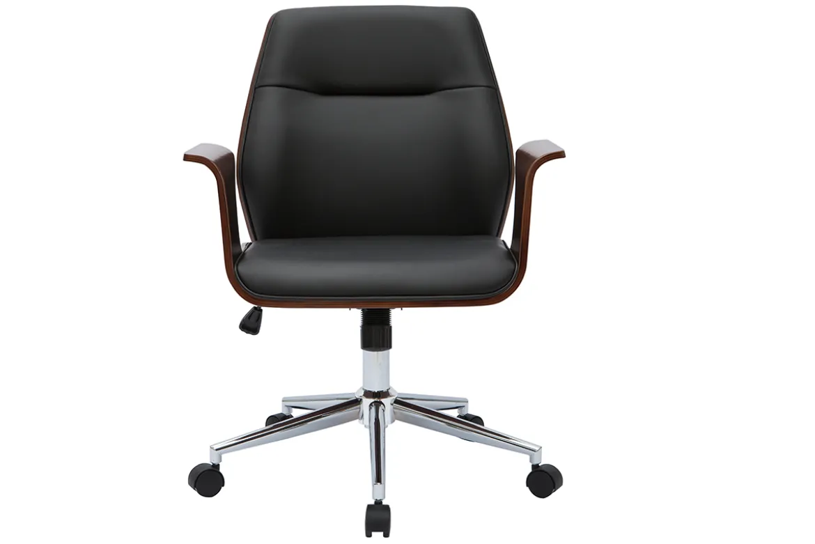 Chaise de bureau à roulettes design noir, bois foncé noyer et acier chromé RUFIN