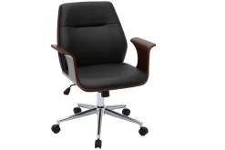 Chaise de bureau à roulettes design noir, bois foncé noyer et acier chromé RUFIN