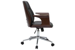 Chaise de bureau à roulettes design noir, bois foncé noyer et acier chromé RUFIN