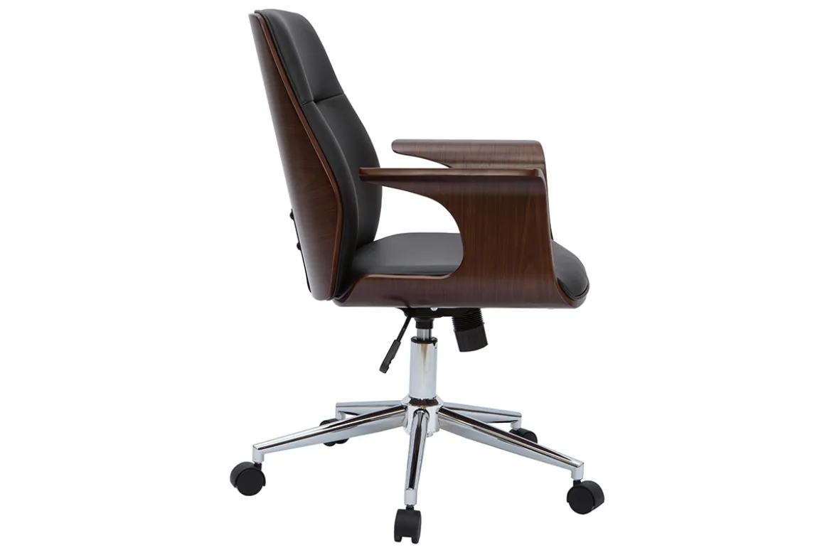 Chaise de bureau à roulettes design noir, bois foncé noyer et acier chromé RUFIN