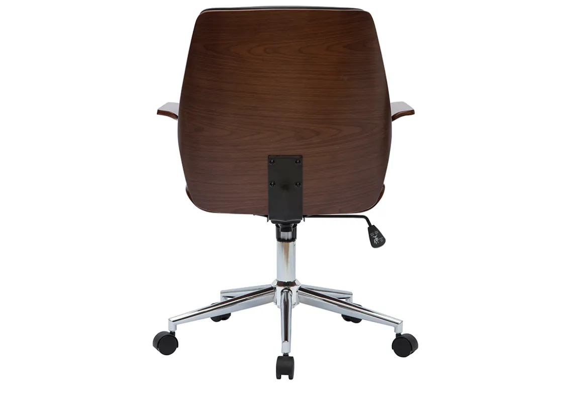 Chaise de bureau à roulettes design noir, bois foncé noyer et acier chromé RUFIN