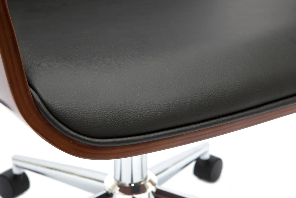 Chaise de bureau à roulettes design noir, bois foncé noyer et acier chromé RUFIN