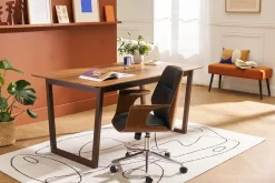 Chaise de bureau à roulettes design noir, bois foncé noyer et acier chromé RUFIN