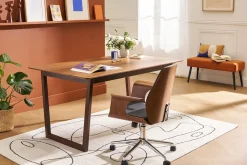 Chaise de bureau à roulettes design noir, bois foncé noyer et acier chromé RUFIN