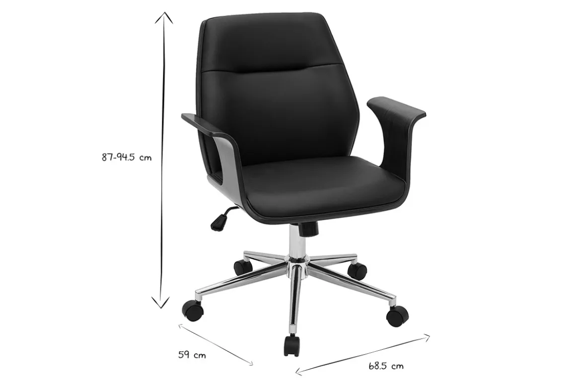 Chaise de bureau à roulettes design noir, bois foncé noyer et acier chromé RUFIN