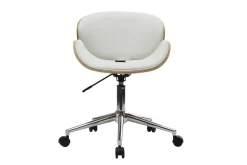 Chaise de bureau à roulettes design blanc, bois clair et acier chromé WALNUT