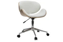 Chaise de bureau à roulettes design blanc, bois clair et acier chromé WALNUT