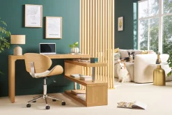 Chaise de bureau à roulettes design blanc, bois clair et acier chromé WALNUT